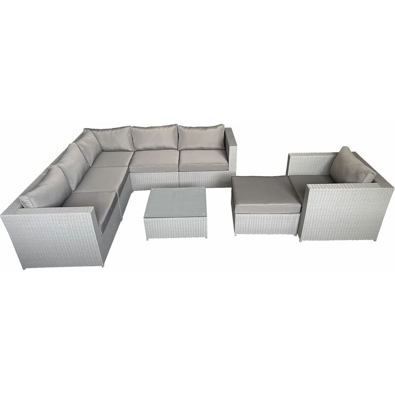 Salon de jardin CARGÈSE en résine tressée gris 7 places - coussins gris - Gris