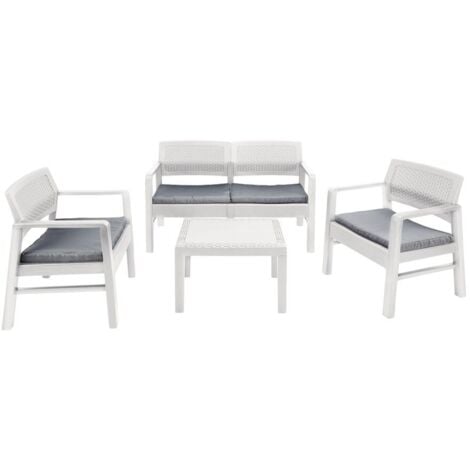 Salón de Jardín Carpi, Conjunto de jardín con 2 sillones, 1sofá y 1 mesa de centro, Zona de estar efecto ratán con cojines, 100% Made in Italy, Blanco