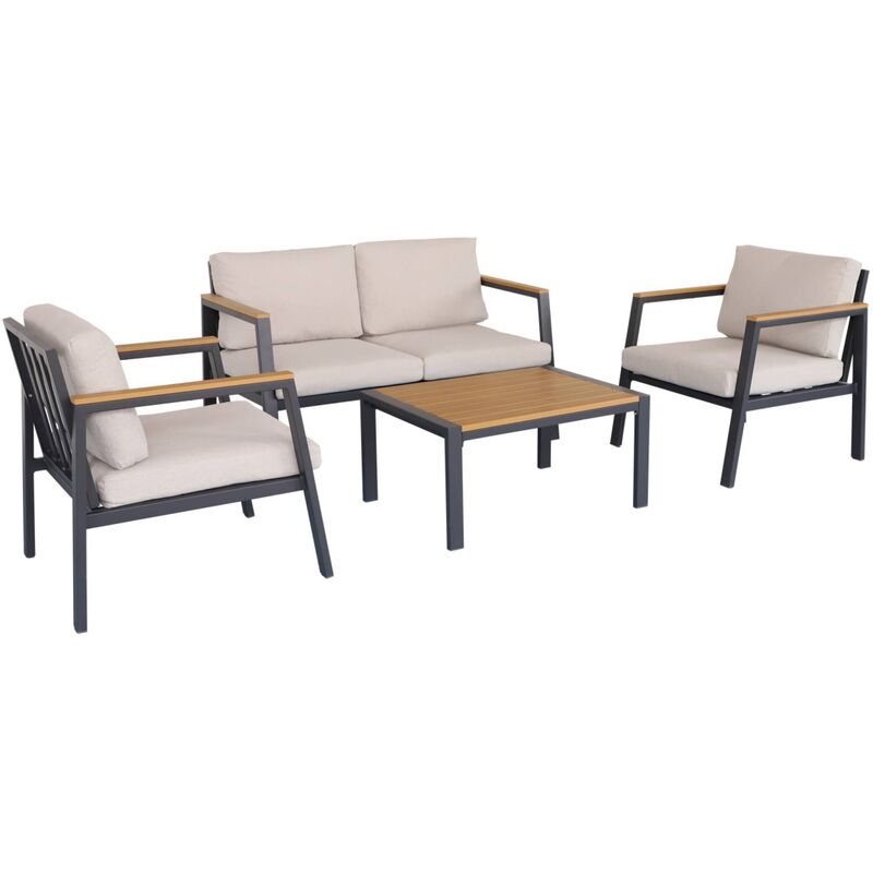 Salon de jardin Casoria. aluminium et polywood 4 places. 1 canapé. 2 fauteuils. 1 table basse Anthracite / Beige