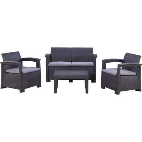 Salon de Jardin Chillvert Capri 1 Canapé 2 Sièges+2 Fauteuils+1 Table Résine Imitation Rotin Gris Anthracite