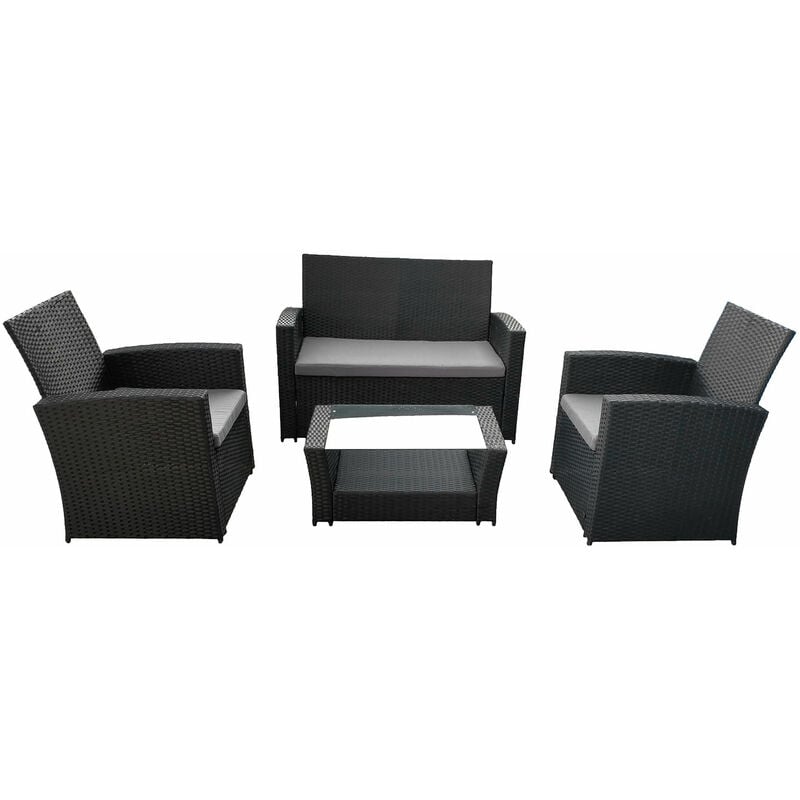 Happy Garden - Salon de jardin comino en résine tressée noir 4 places - coussins gris