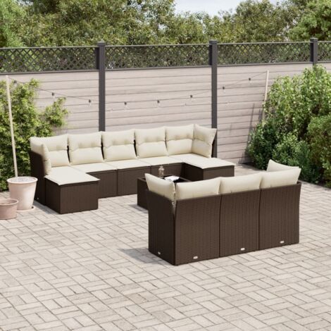[Salon de jardin complet 11 pièces] + [Canapés résine tressée marron] + [Set avec table verre et rangements]