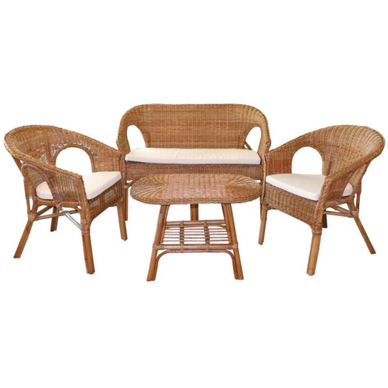 Salon de jardin en rotin 4 places – Coussins beige – Table L 67 x P 46 x H 50 cm – Canapé L 104 x P 60 x H 78 cm – Fauteuils L 59 x P 60 x H 78 cm –