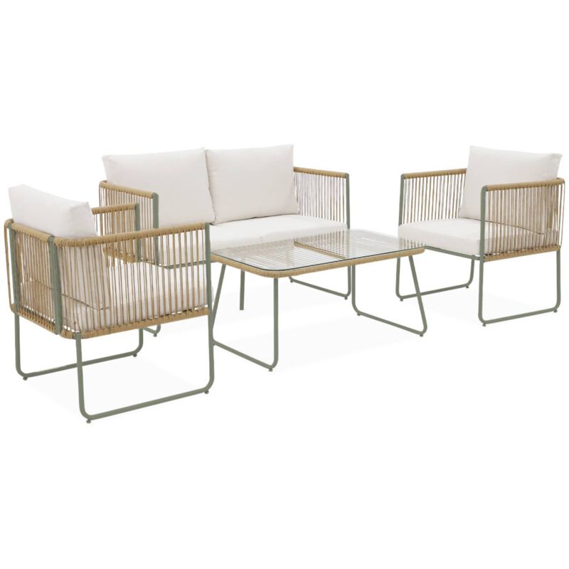 Salon de jardin en corde résine plastique et acier galvanisé. table basse en verre trempé. 4 places Kaki / Blanc