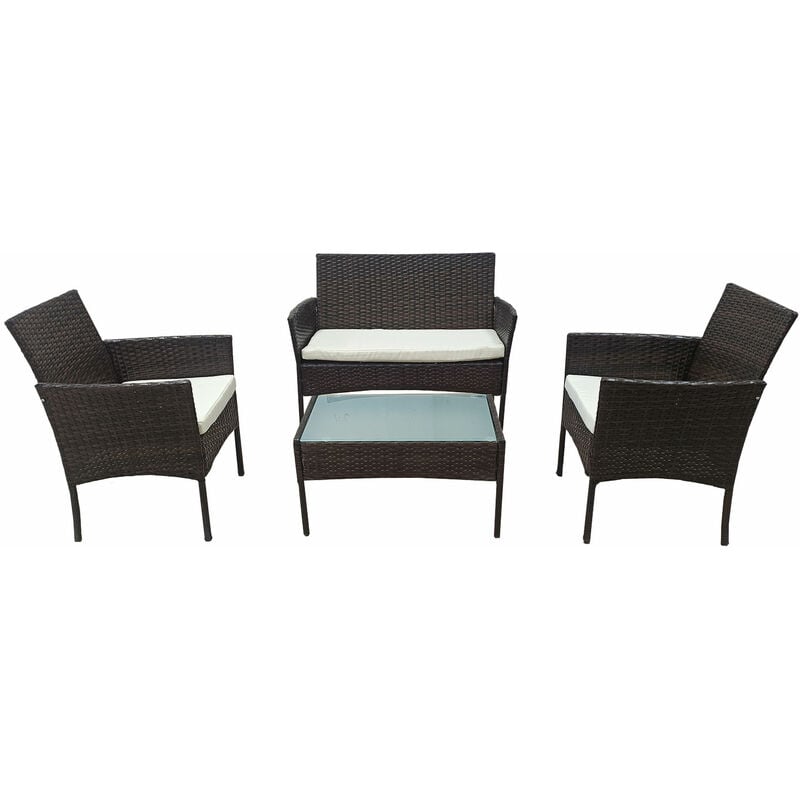 Happy Garden - Salon de jardin corfou en résine tressée marron 4 places - coussins beige