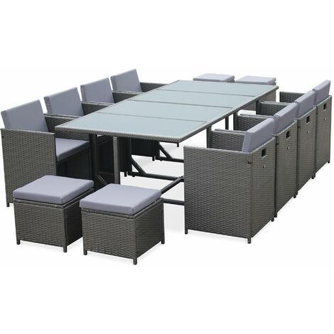 Salon de jardin Cubo Gris table en résine tressée 8 à 12 places, fauteuils encastrables