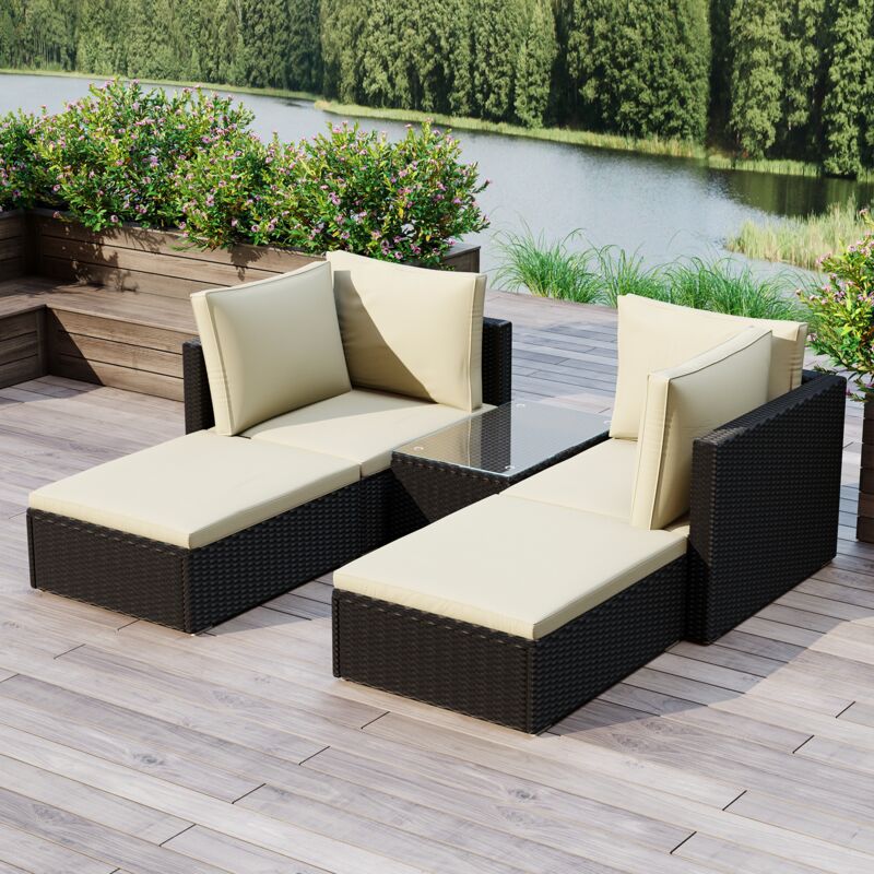 Wowttrelax - Salon de Jardin d angle avec Coussin, Table Basse en Verre Trempé pour Véranda, Patio, Balcon, Piscine, Nior