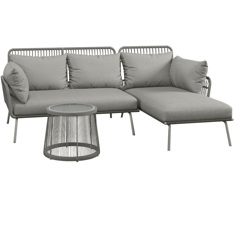 Salon de jardin d'angle 4 pers. style colonial table basse coussins grand confort inclus résine tressée gris