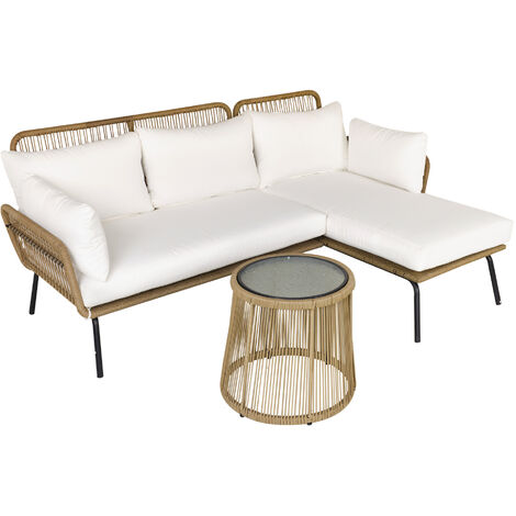 Salon de jardin d'angle 4 pers. style colonial table basse coussins grand confort inclus résine tressée beige - Beige