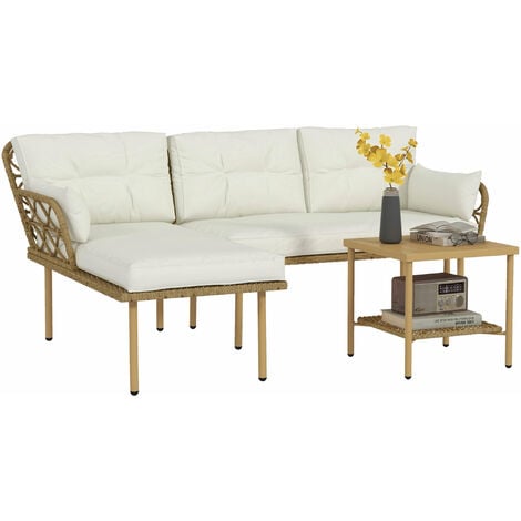 Salon de jardin d'angle 4 places style exotique - coussins, table basse inclus - résine tressée aspect rotin
