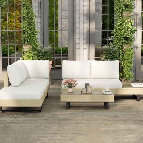 Salon de Jardin d’Angle 5 Places – Design Contemporain – Coussins Déhoussables – Table Basse – Acier Époxy & Résine Tressée Beige