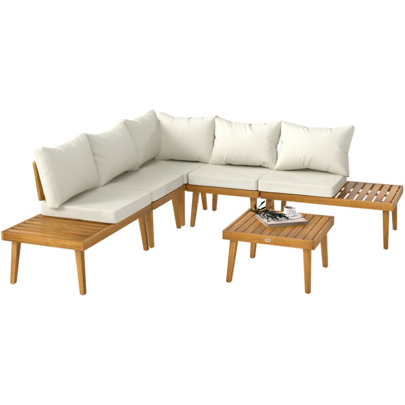 Salon de jardin d'angle 5 places en bois d'acacia avec table basse et tablettes latérales coussins crème