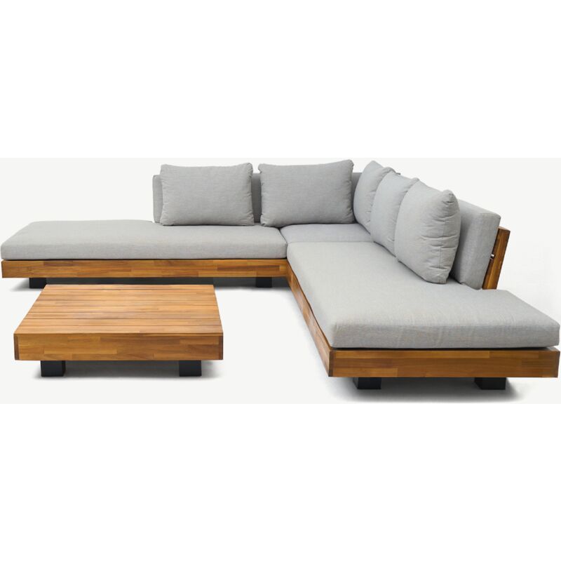 Salon de jardin d'angle 5 places en bois fsc et coussins gris chiné - Capri