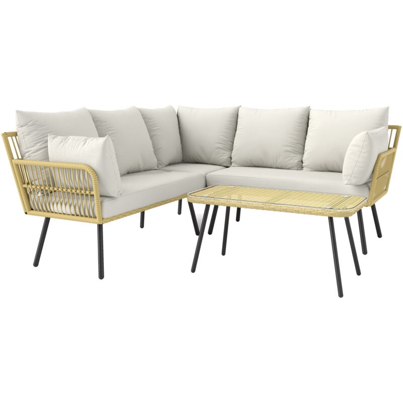 Salon de jardin d'angle 5 places style bohème chic - coussins, table basse inclus - résine tressée aspect rotin