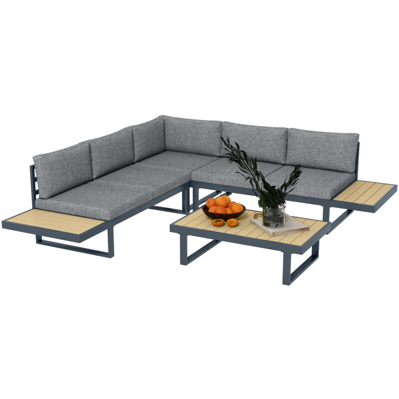Salon de jardin d'angle 5 places avec table basse coussins alu gris aspect bois