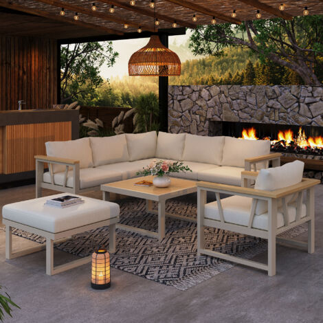 Salon de Jardin d'Angle 7 Places - Canapé d'Angle 5 Places + Fauteuil + Tabouret - Structure Acier Galvanisé - Accoudoirs WPC - Coussins Beige - Table Basse Incluse - Beige et Kaki