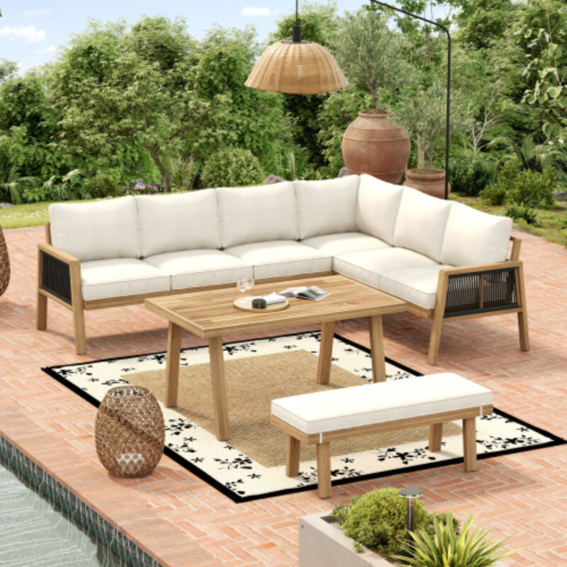 Salon de jardin d’angle 8 places avec table 120x61 cm en bois d’acacia et coussins crème