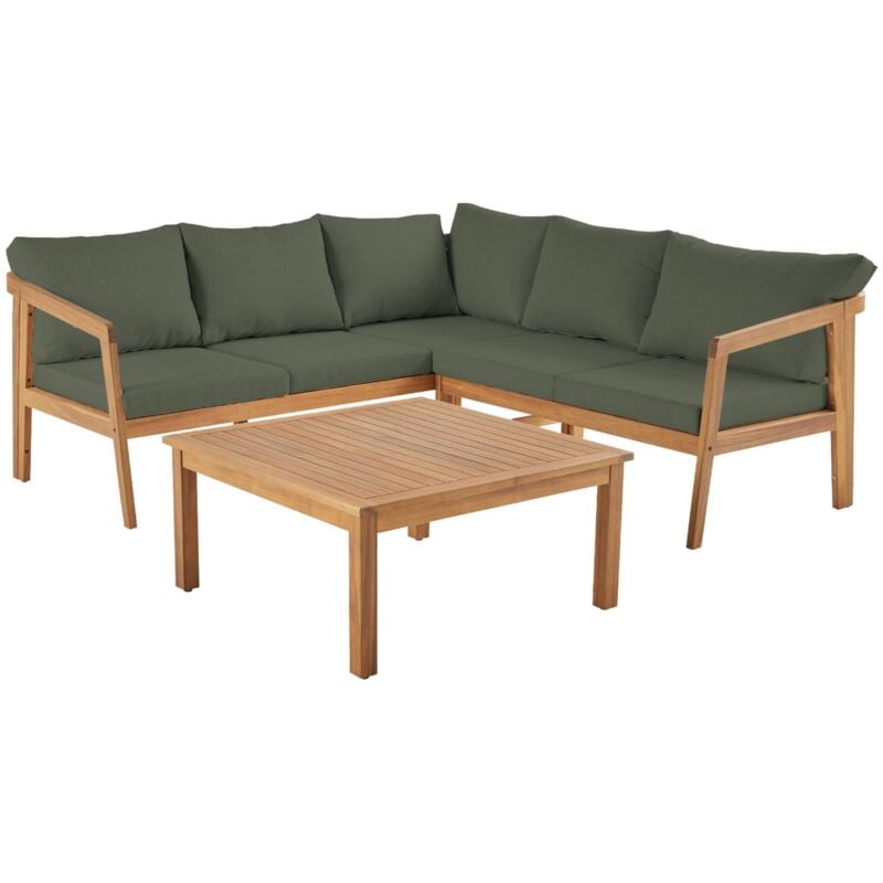 Salon de jardin d'angle kaki en acacia 5 places loberia corner. table carrée