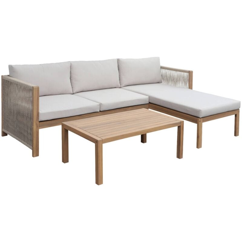 Salon de jardin d'angle bois d'acacia. corde polyester 3 places table rectangulaire Naturel / Beige