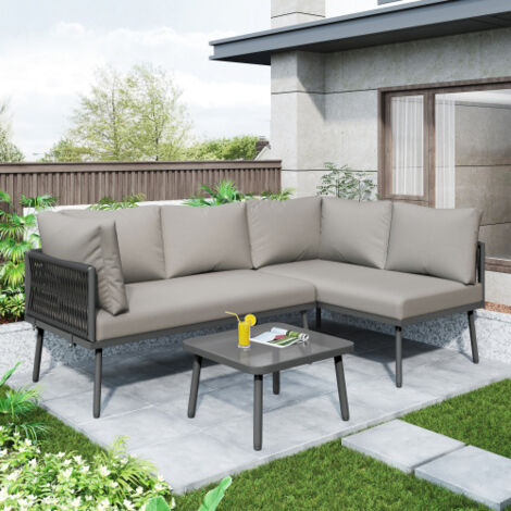 Salon de jardin d’angle L 5 places avec 2 petits canapés, table basse, pieds réglables et coussins épais, corde et fer, gris