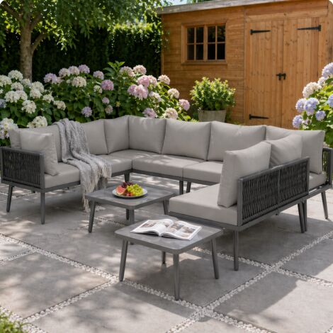 Salon de jardin d’angle L 8 places avec 4 petits canapés, 2 tables basses, pieds réglables et coussins épais, corde et fer, gris