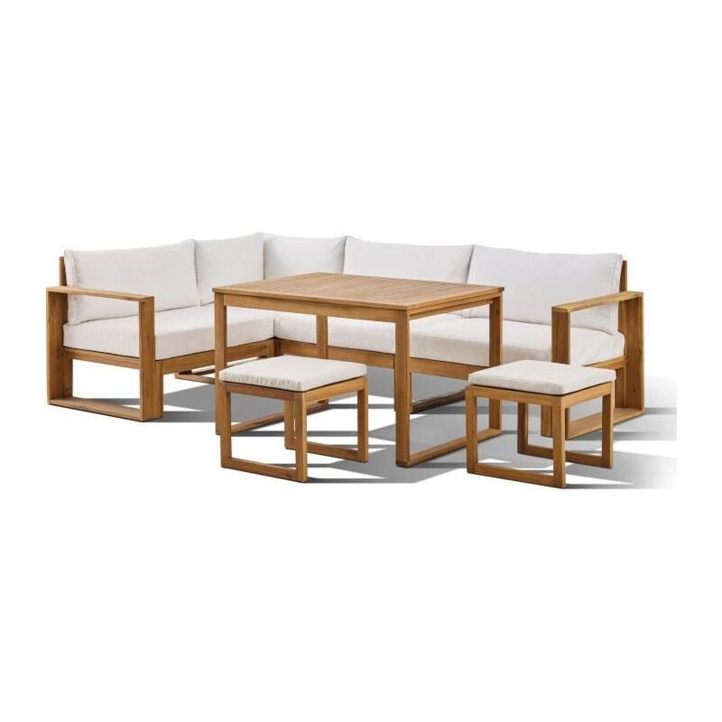 Salon de jardin d'angle modulable - Bois d'acacia - 6 personnes - levata dining - Blanc cassé + Housse