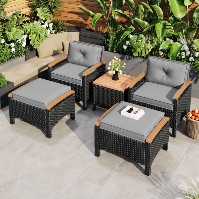 Salon de jardin de jardin 5 pièces – avec 2 chaises, 2 tabourets et 1 table, plateau en bois d'acacia, coussins gris, capacité de charge 160 kg,