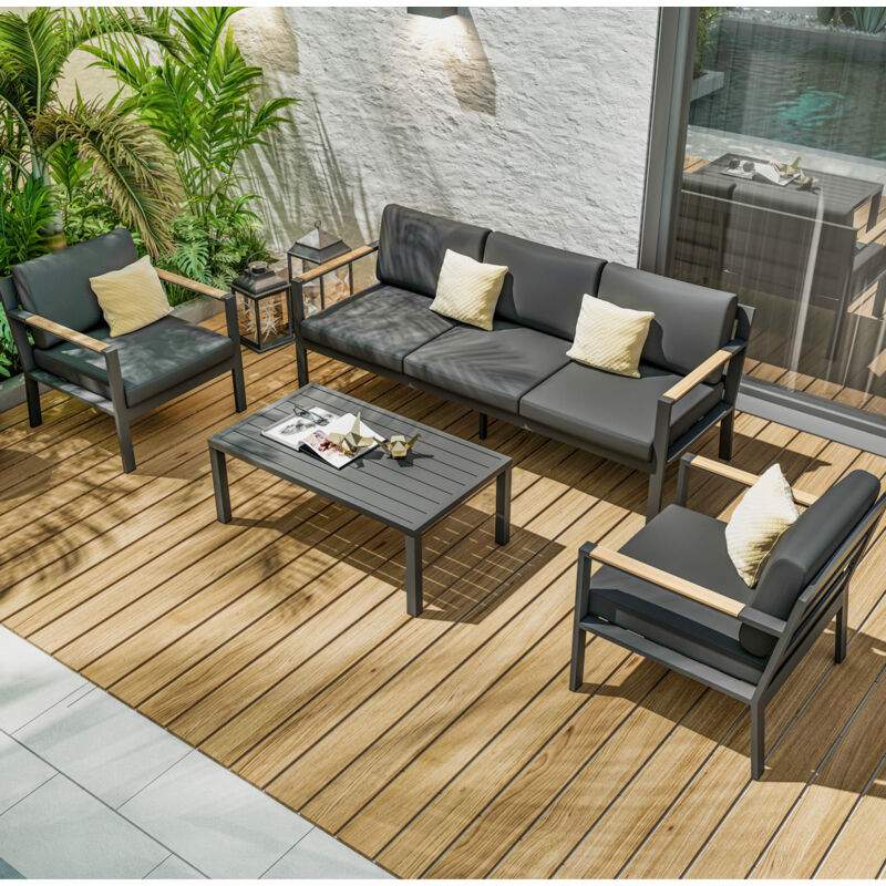 Salon de jardin design en aluminium 5 Places - Gris anthracite et naturel - mabillon