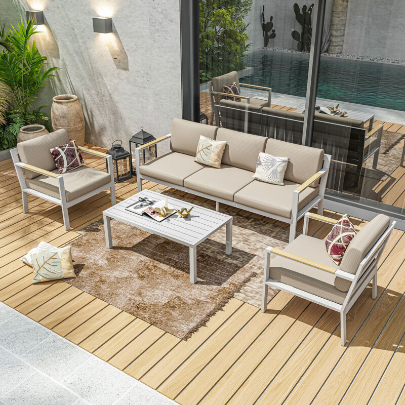 Salon de jardin design en aluminium 5 Places - blanc beige - mabillon
