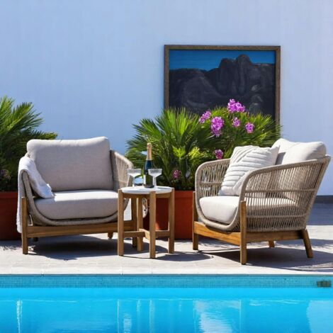 Salon de jardin détente en bois d'acacia et corde tressée (2 fauteuils, 1 petite table ø36 cm) MENDOZA