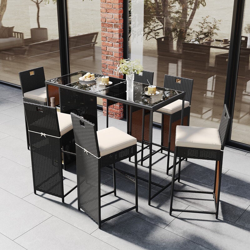 Salon de jardin d'extérieur pour 6 personnes, ensemble table et chaises en acier 7 pièces avec 1 table à manger et 6 chaises, espace de rangement,