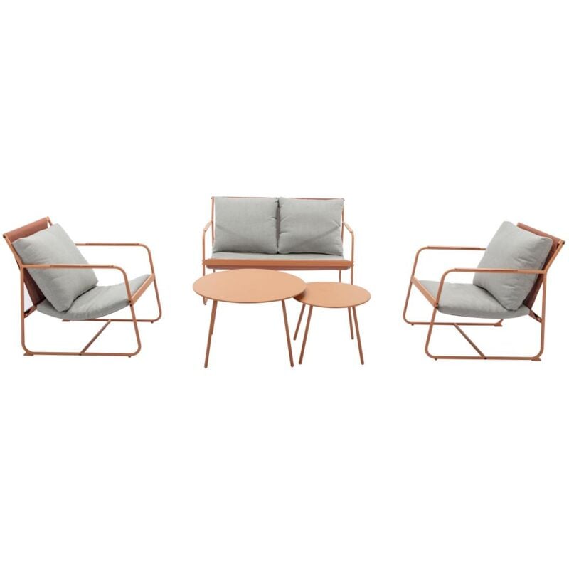 Vente-unique - Salon de jardin en acier : 1 canapé 2 places, 2 fauteuils et 2 tables basses - Orange et coussins gris - lasimo de mylia
