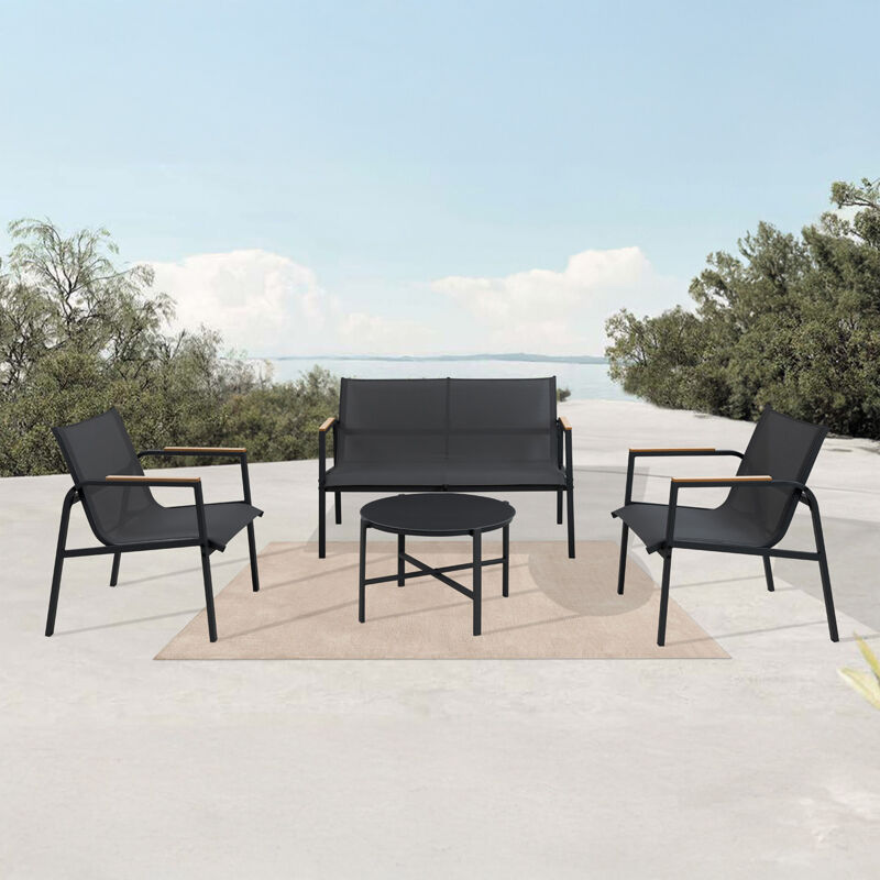 Avril Paris - Salon de jardin en acier et textilène - Ensemble 4 places - Noir - camille