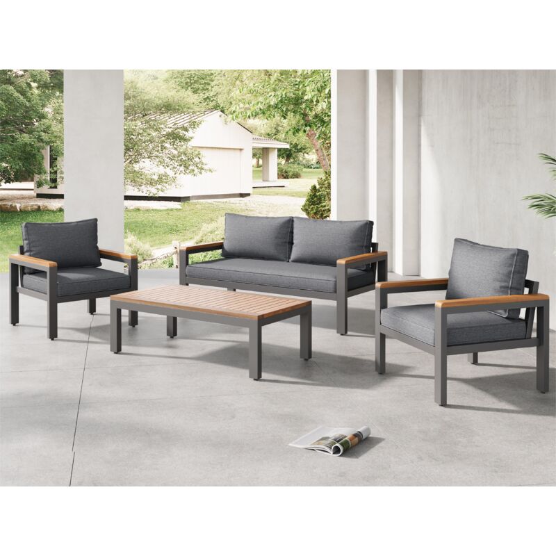 Salon de jardin en acier galvanisé - 1 canapé 、2 fauteuils et 1 table basse - décoré de Bois d'Acacia - Gris foncé