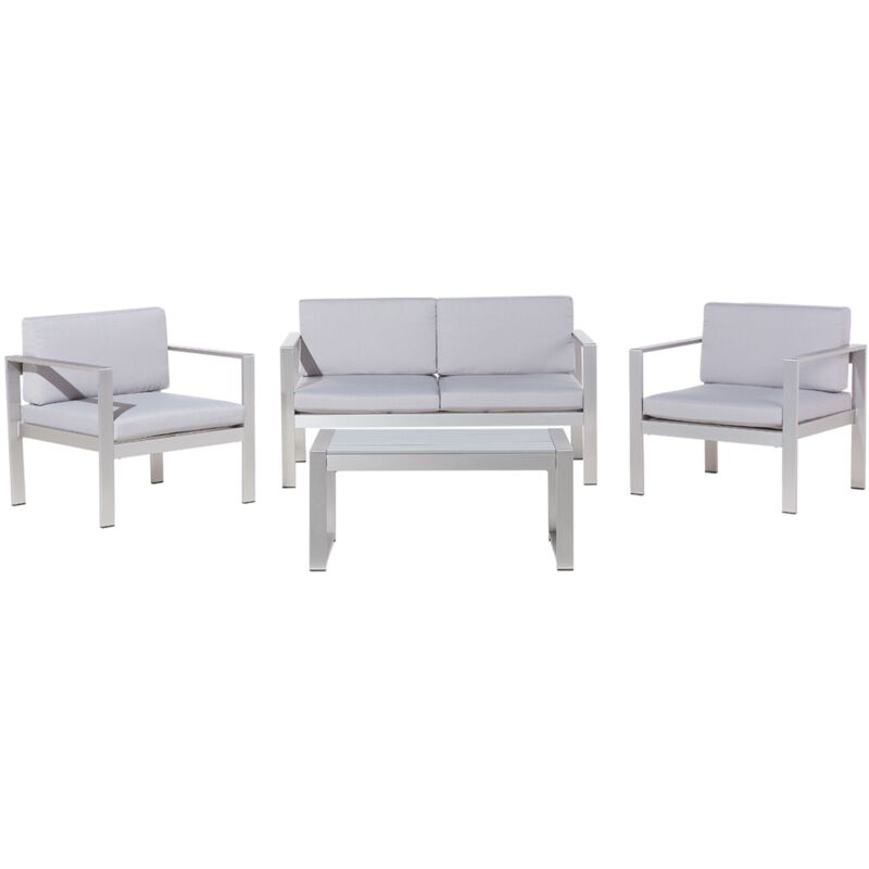 Salon de Terrasse ou Jardin Table Basse Canapé et 2 Fauteuils en Aluminium avec Coussins Gris Clair Matières Durables et Design Moderne Beliani