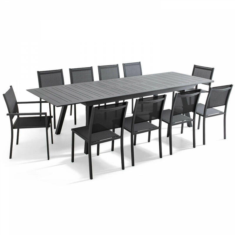 Ensemble table de jardin extensible et 10 chaises en aluminium gris