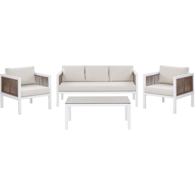 Salon de Jardin ou Terrasse 5 Places Canapé 2 Fauteuils Spacieux et Table Basse en Aluminium Blanc Marron avec Coussins Beliani