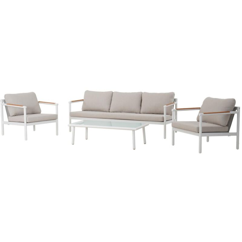 Salon de jardin en aluminium : un canapé 3 places, 2 fauteuils et une table basse - Blanc coussins beiges - LAKIT de MYLIA