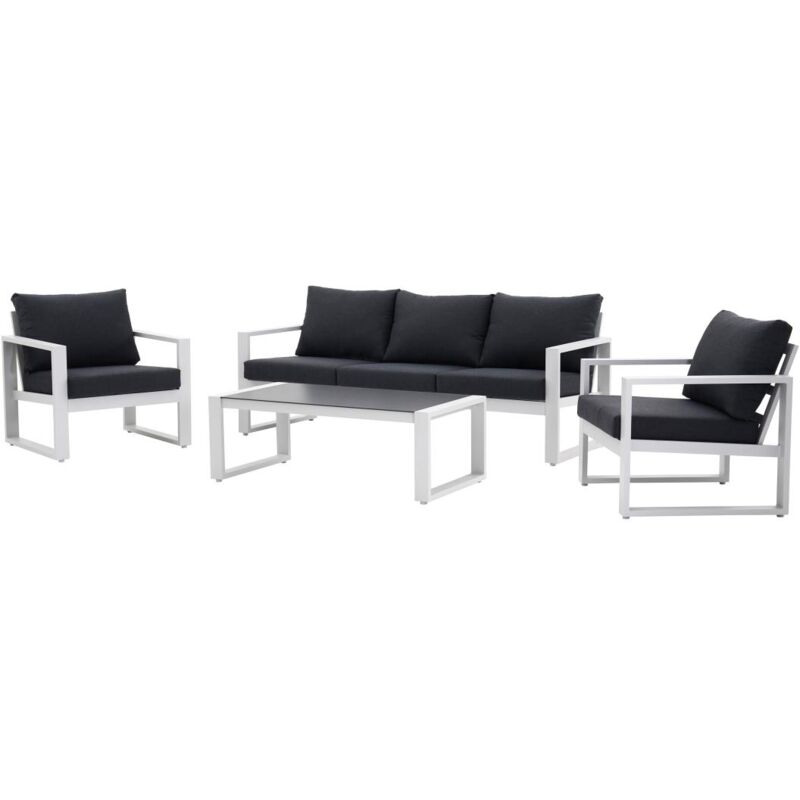 Salon de jardin en aluminium : un canapé 3 places, 2 fauteuils et une table basse - Blanc coussins gris anthracite - jally de mylia