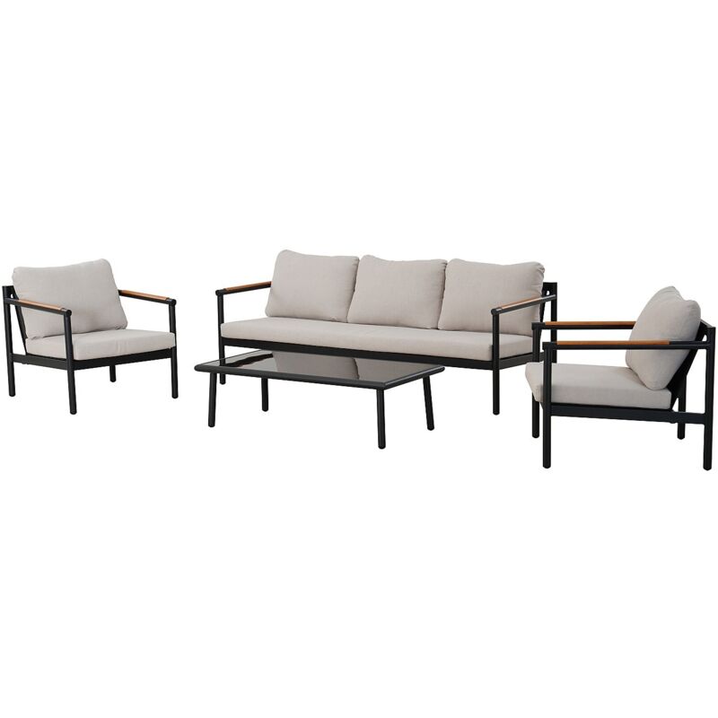 Salon de jardin en aluminium : un canapé 3 places, 2 fauteuils et une table basse - Noir coussins beiges - lakit de mylia