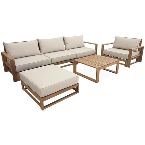 Salon de jardin en bois 5 places - Mendoza - Canapé. fauteuils et table basse en acacia. 6 éléments modulables. design Bois / Beige