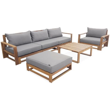 Salon de jardin en bois 5 places - Mendoza - Canapé. fauteuils et table basse en acacia. 6 éléments modulables. design Bois / Gris