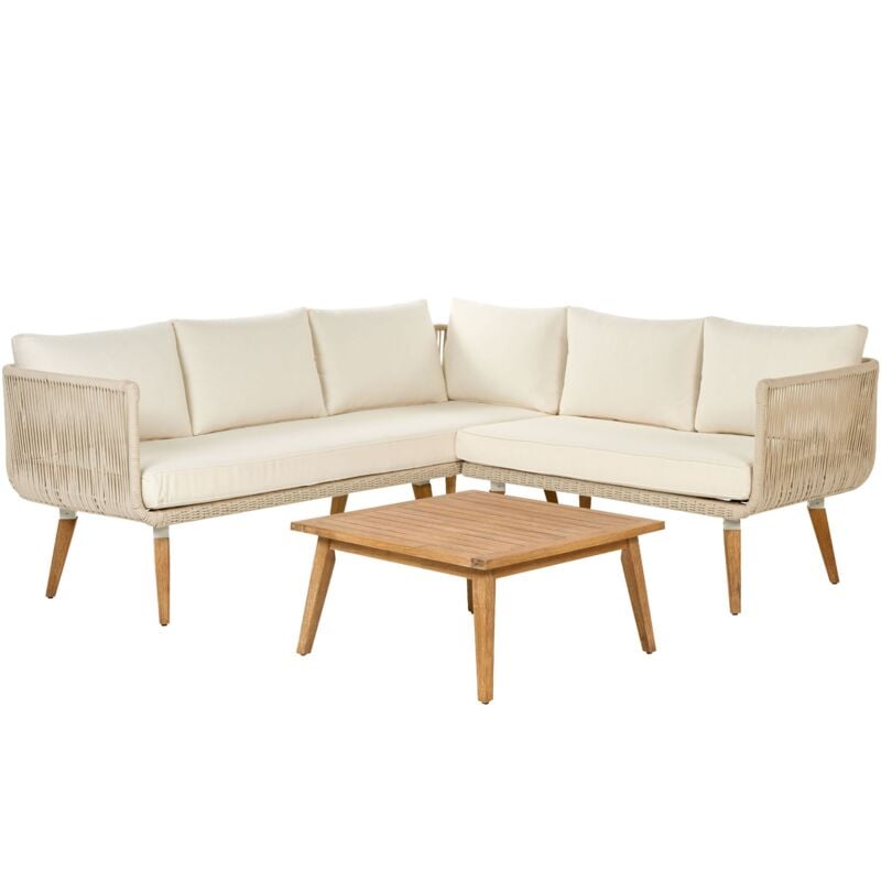 Salon de Jardin Beige en Bois d'Acacia 5 Places et Coussins en Tissu Alcamo
