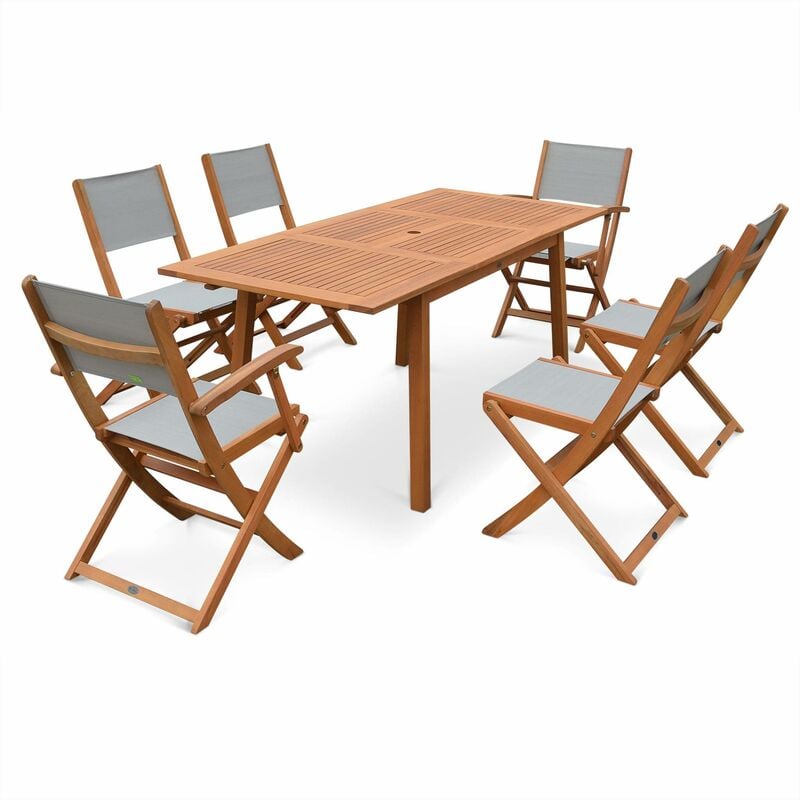 Salon de jardin en bois Almeria. table 120-180cm rectangulaire. 2 fauteuils et 4 chaises eucalyptus fsc et textilène Bois / Gris taupe - Bois