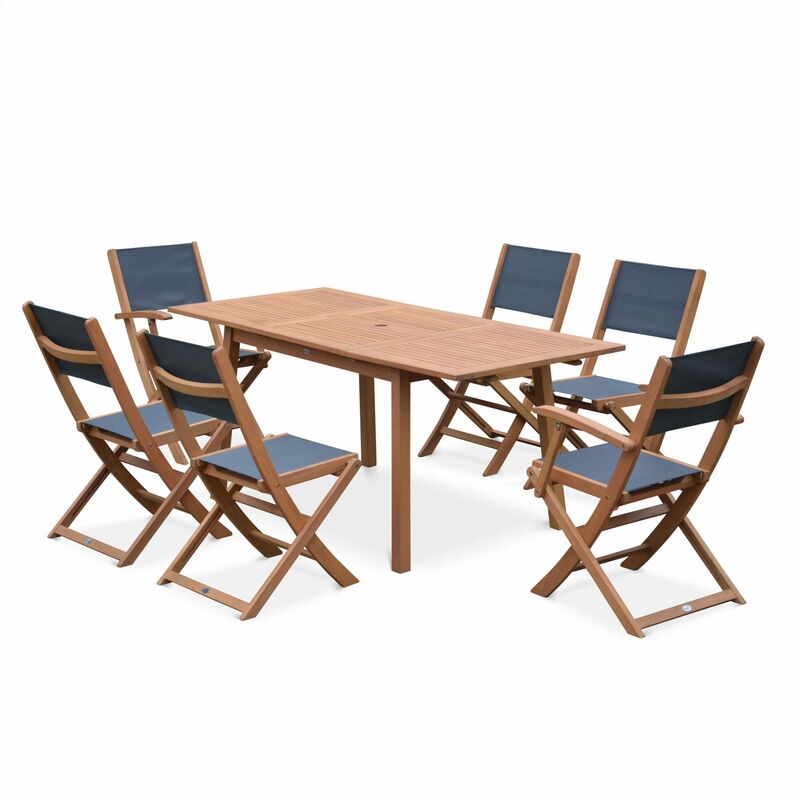 Salon de jardin en bois Almeria. table 120-180cm rectangulaire. 2 fauteuils et 4 chaises eucalyptus et textilène Bois / Anthracite