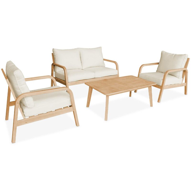 Salon de jardin en bois d'acacia 4 places beige carnota. coussins déhoussables. 2 fauteuils. 1 canapé 2 places et 1 table - Beige