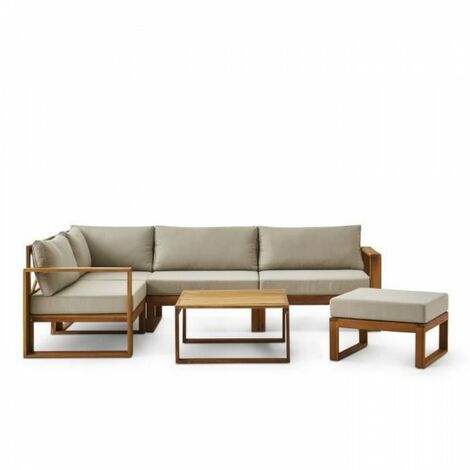 Salon de jardin en bois d'acacia FSC – 6 places – Coussins lin confortables – Banquette d'angle modulable – 255 x 168 x 75 cm – Bocarnea