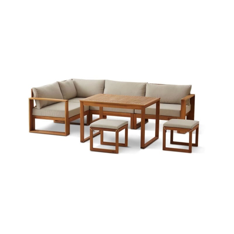 Salon de jardin en bois dAcacia fsc avec coussins + housse de protection - 7 personnes - Levata - Gris