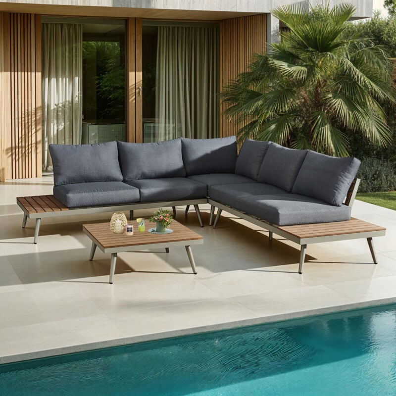 Salon de jardin en bois et alu 5 places + table basse carrée