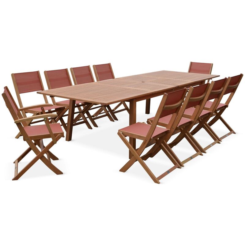 Salon de jardin en bois Almeria. grande table extensible 200 à 300cm rectangulaire 2 fauteuils 8 chaises eucalyptus et textilène Bois / Terracotta
